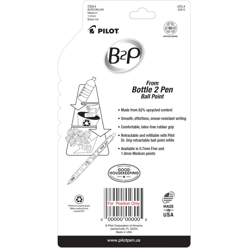 PILOT B2P - Bottle to Pen Refillable & Retractable Ball Point Pen Made From Recycled Bottles, Medium Point, Black Ink, 5-Pack (32812) - Image 2